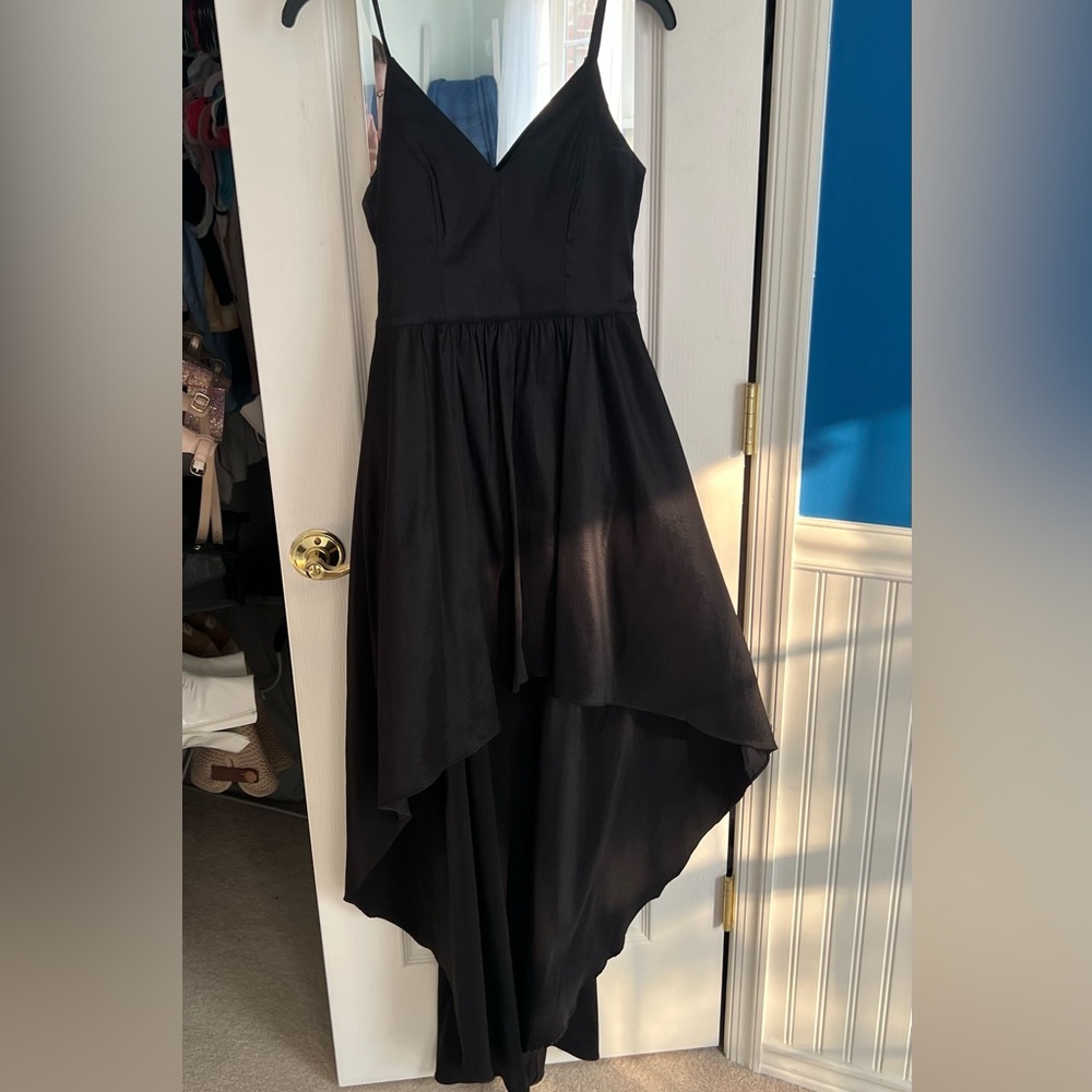 Black spaghetti strap, V-neck line, Hi low dress